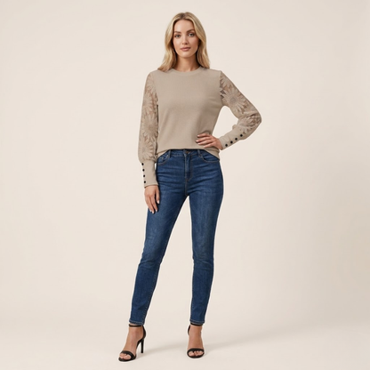 Arden | Long Sleeve Top Beige Textured Knit Lace Sleeves for Women
