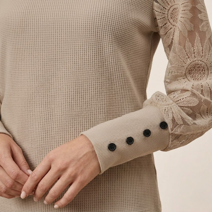 Arden | Long Sleeve Top Beige Textured Knit Lace Sleeves for Women
