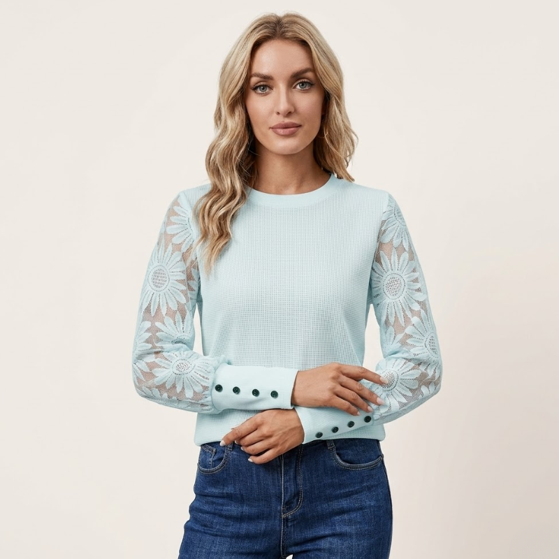 Arden | Long Sleeve Top Beige Textured Knit Lace Sleeves for Women