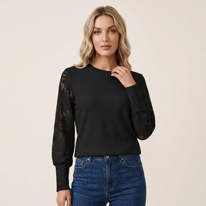 Arden | Long Sleeve Top Beige Textured Knit Lace Sleeves for Women