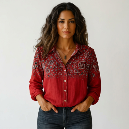 Hattie | Long Sleeve Shirt Red Bandana Print Cotton for Women
