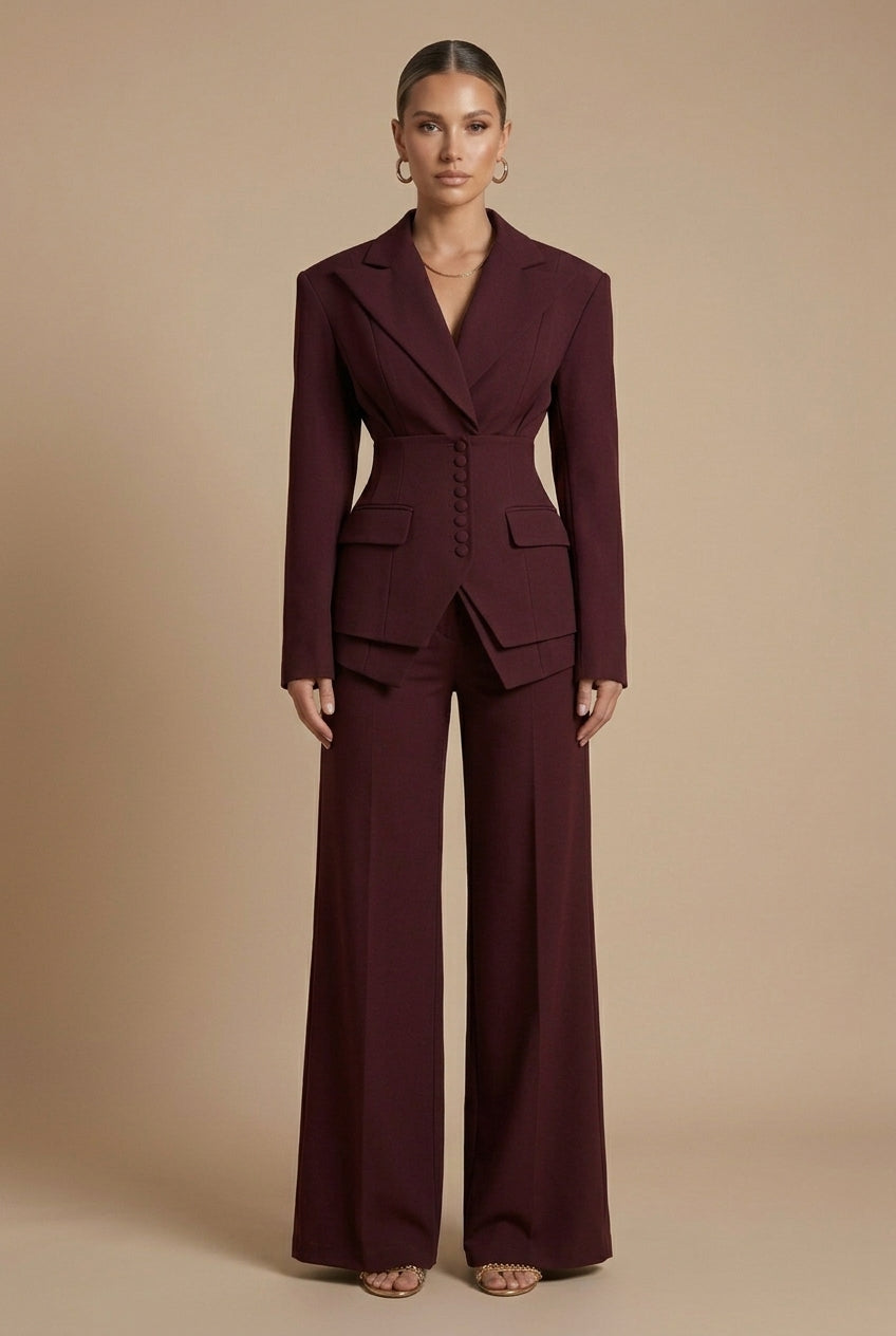 Cora | Tailored Blazer & Wide-Leg Trouser Suit Burgundy Woven for Women