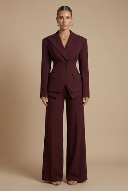 Cora | Tailored Blazer & Wide-Leg Trouser Suit Burgundy Woven for Women