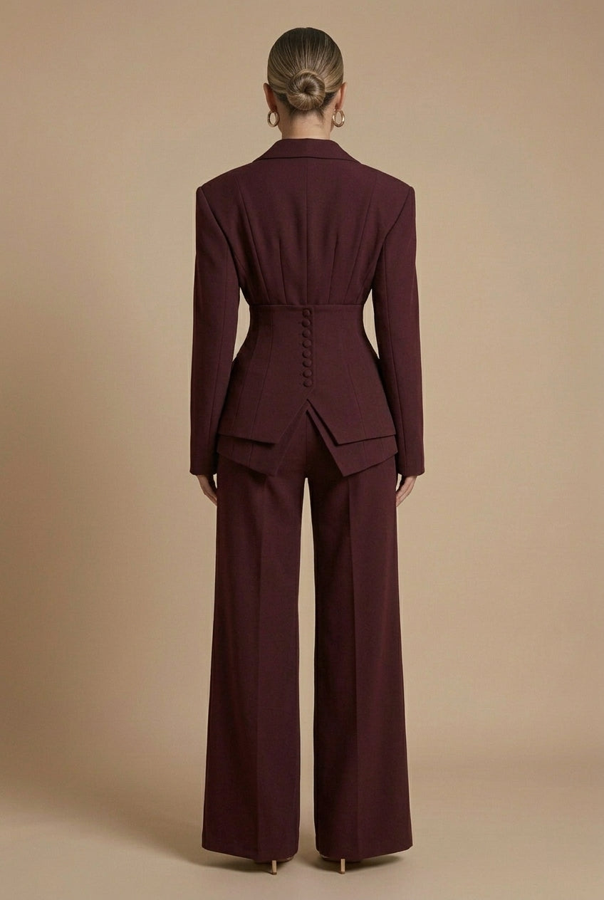 Cora | Tailored Blazer & Wide-Leg Trouser Suit Burgundy Woven for Women