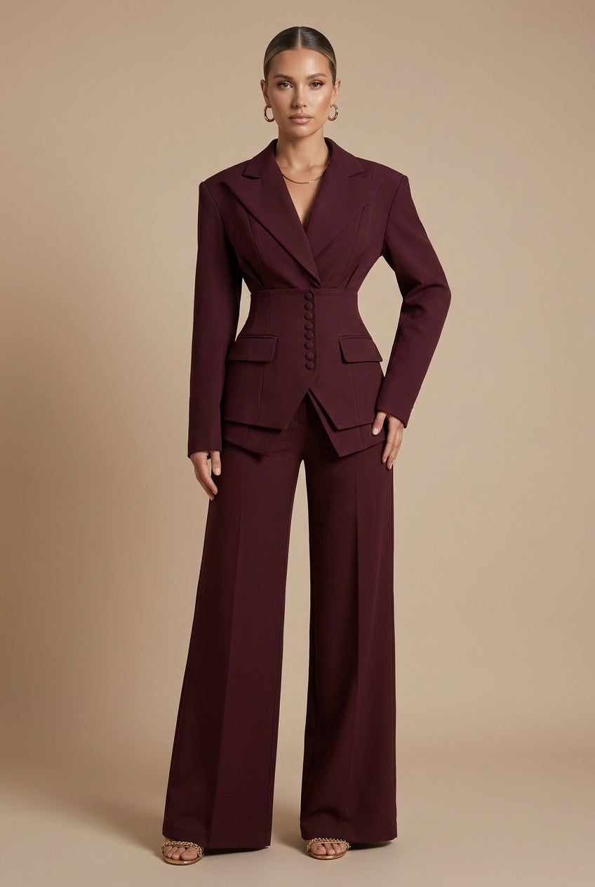 Cora | Tailored Blazer & Wide-Leg Trouser Suit Burgundy Woven for Women