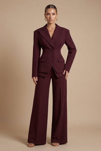 Cora | Tailored Blazer & Wide-Leg Trouser Suit Burgundy Woven for Women
