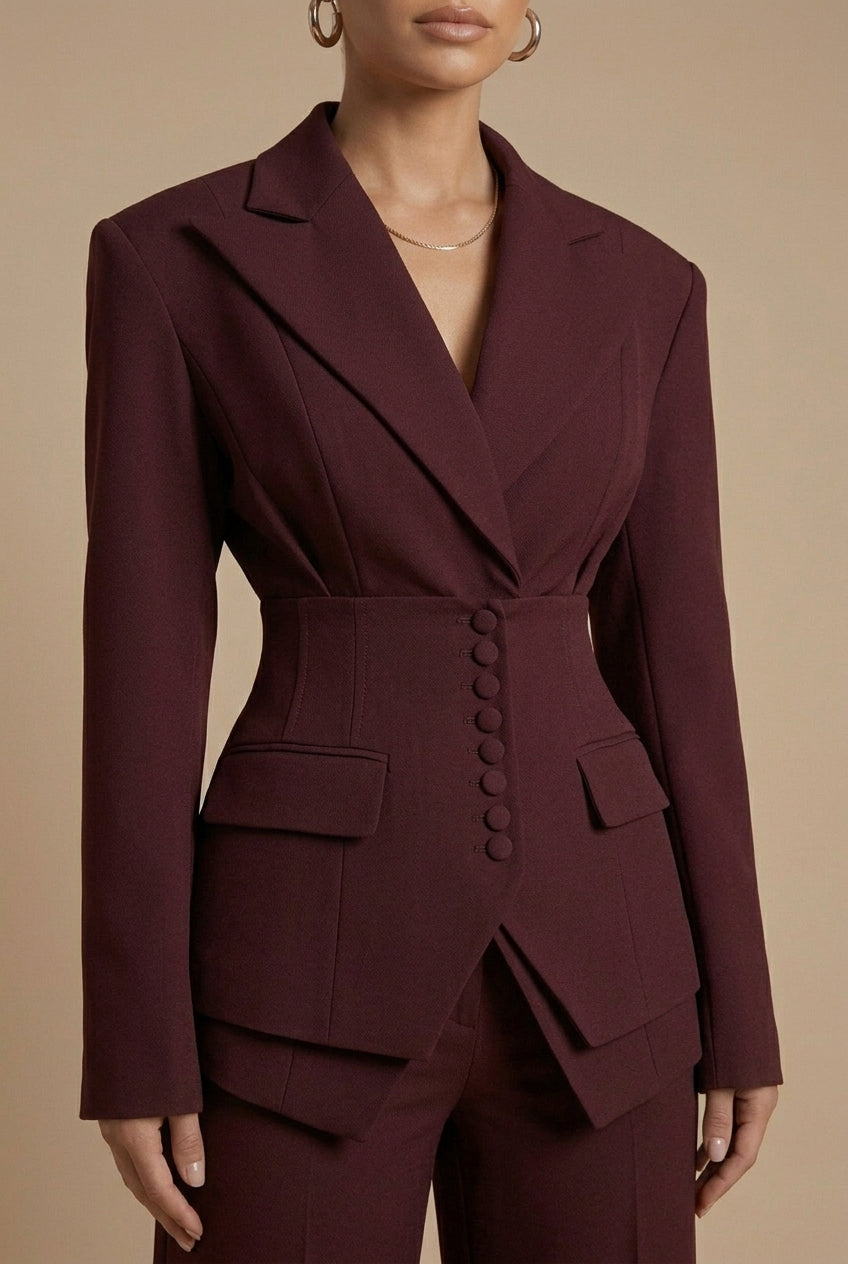 Cora | Tailored Blazer & Wide-Leg Trouser Suit Burgundy Woven for Women