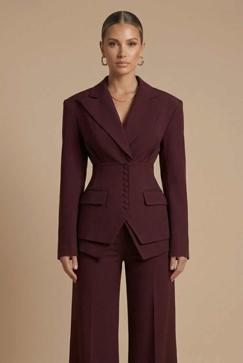 Cora | Tailored Blazer & Wide-Leg Trouser Suit Burgundy Woven for Women
