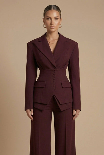 Cora | Tailored Blazer & Wide-Leg Trouser Suit Burgundy Woven for Women