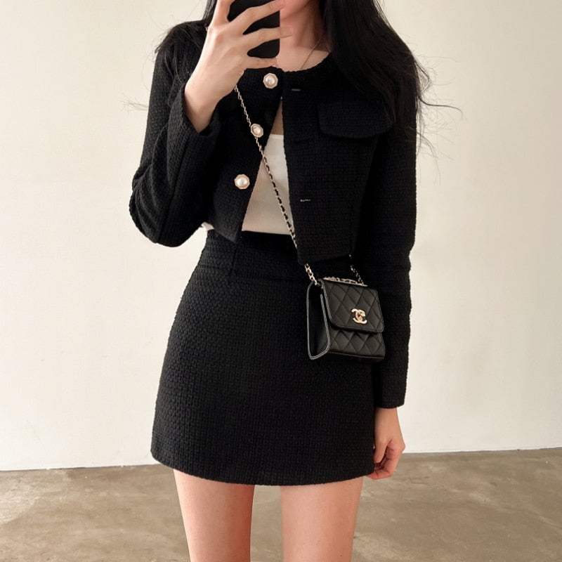 Temperance | Tweed Co-Ord Set Cream Cropped Jacket Mini Skirt for Women