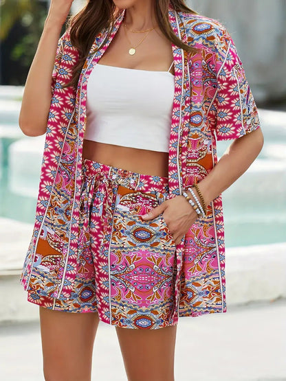 Charlotte | Floral Print Co-Ord Set Blue White Kimono Shirt & Shorts for Women