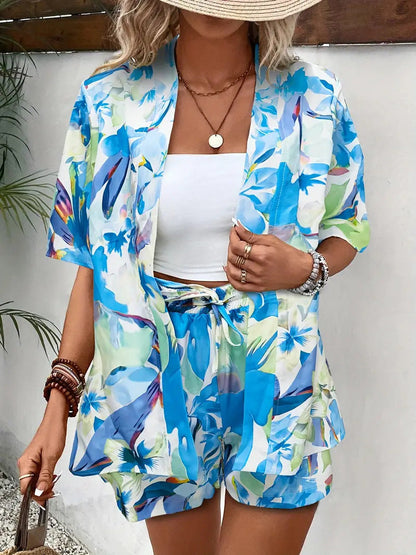 Charlotte | Floral Print Co-Ord Set Blue White Kimono Shirt & Shorts for Women
