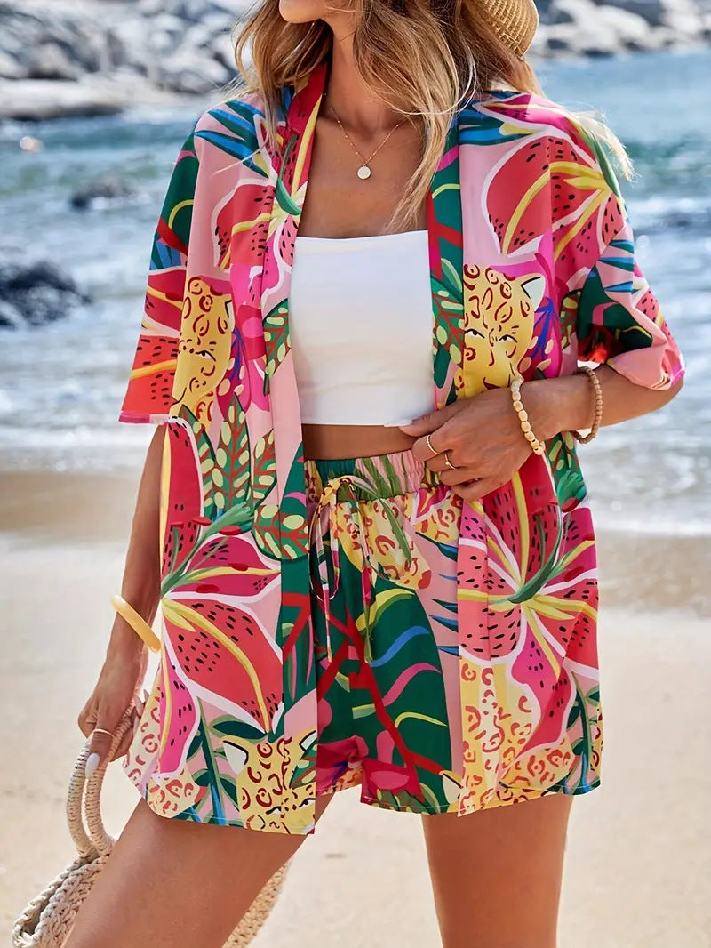 Charlotte | Floral Print Co-Ord Set Blue White Kimono Shirt & Shorts for Women