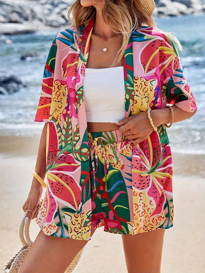 Charlotte | Floral Print Co-Ord Set Blue White Kimono Shirt & Shorts for Women