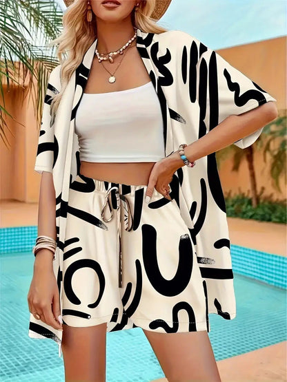 Charlotte | Floral Print Co-Ord Set Blue White Kimono Shirt & Shorts for Women