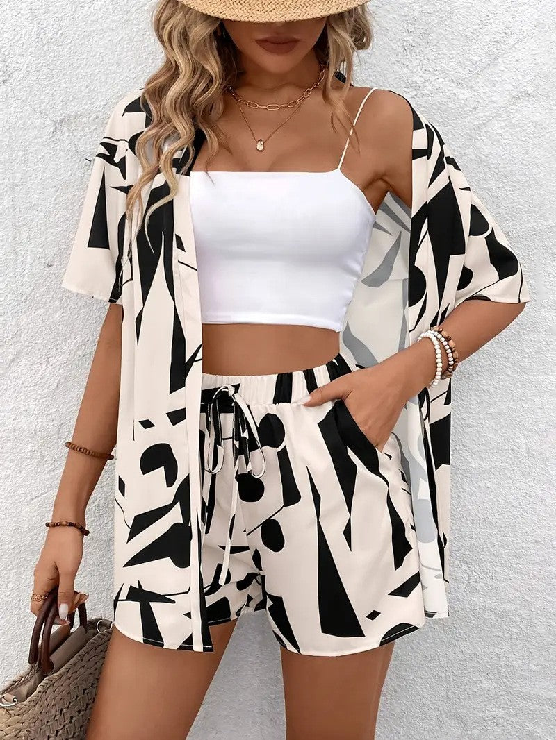 Charlotte | Floral Print Co-Ord Set Blue White Kimono Shirt & Shorts for Women