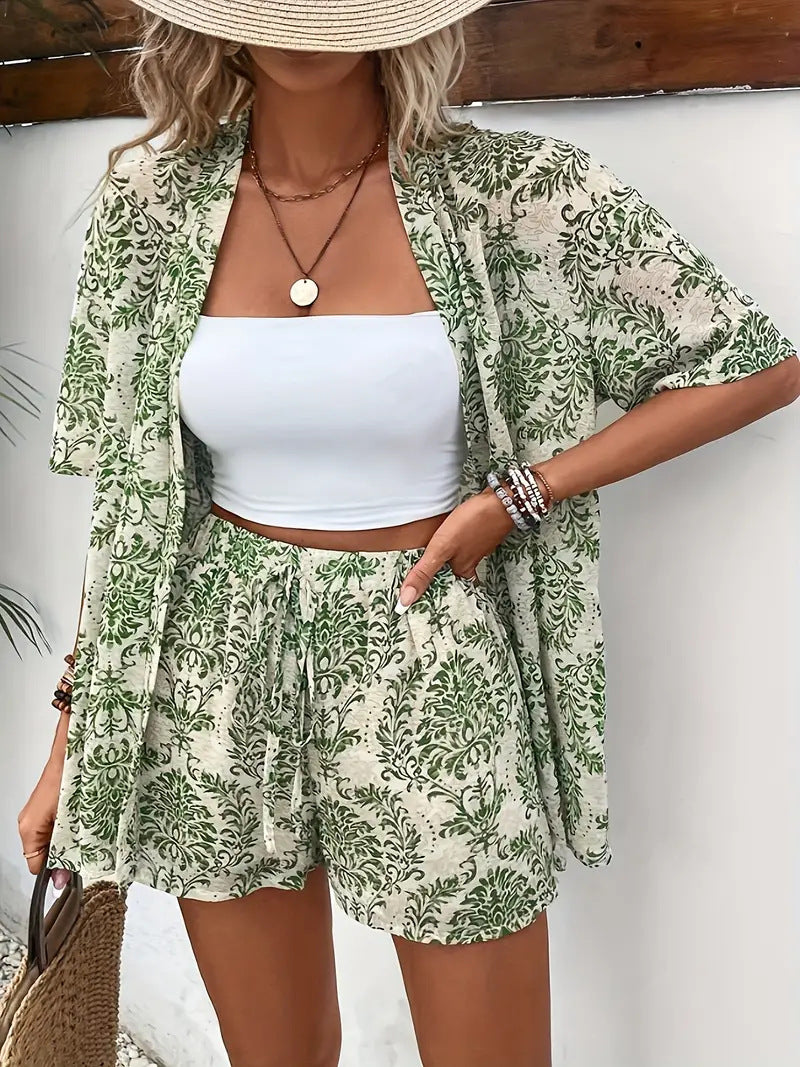 Charlotte | Floral Print Co-Ord Set Blue White Kimono Shirt & Shorts for Women