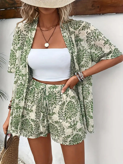Charlotte | Floral Print Co-Ord Set Blue White Kimono Shirt & Shorts for Women