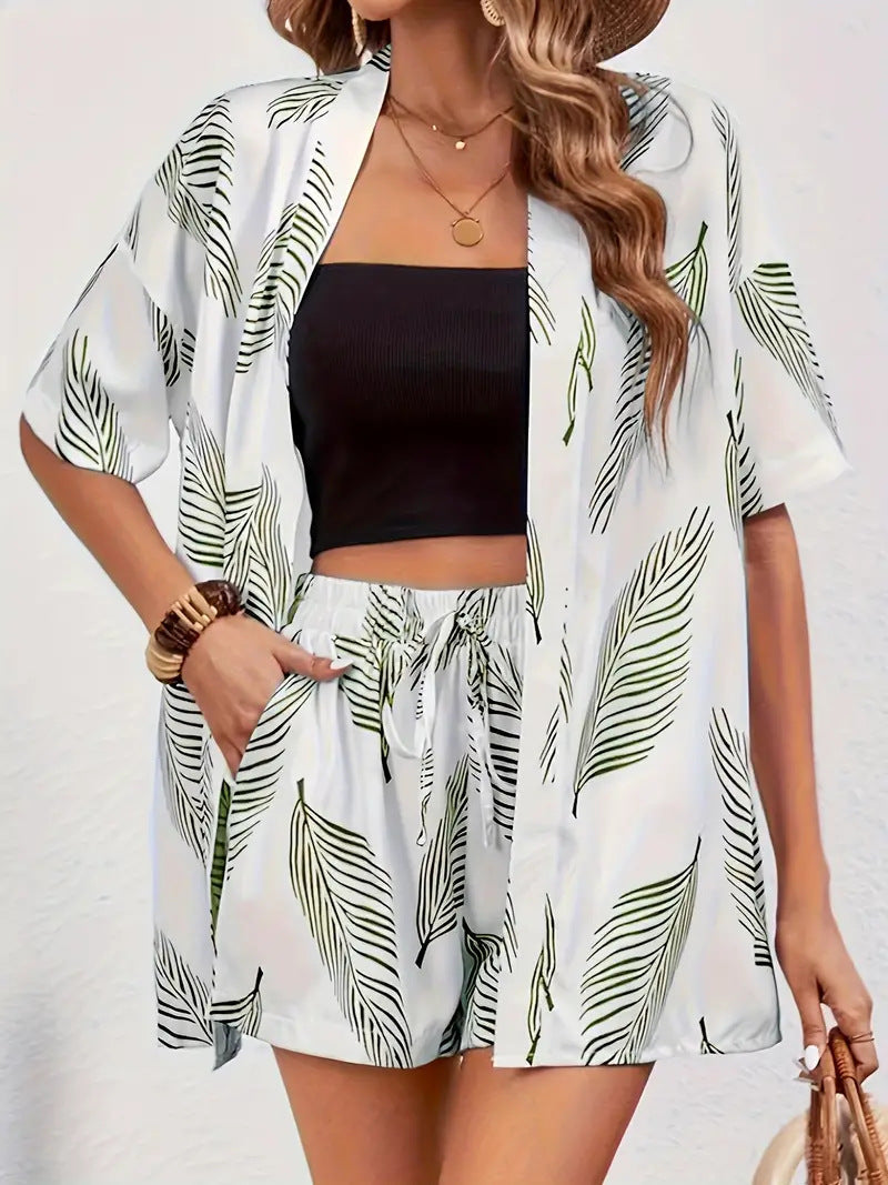 Charlotte | Floral Print Co-Ord Set Blue White Kimono Shirt & Shorts for Women