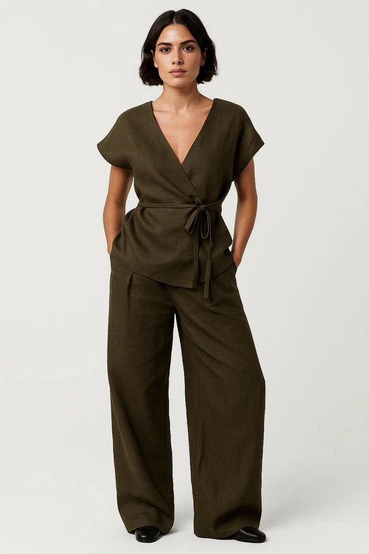 Camille | Olive Green Wrap Top Wide-Leg Trouser Co-Ord Set for Women