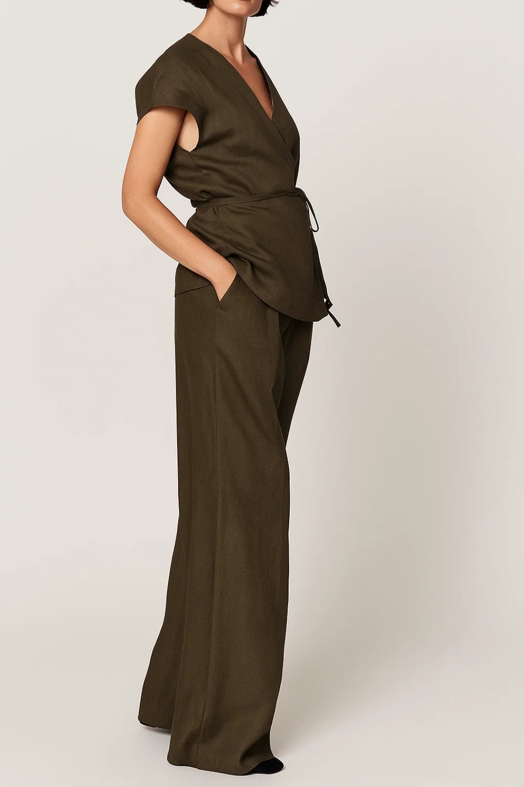Camille | Olive Green Wrap Top Wide-Leg Trouser Co-Ord Set for Women