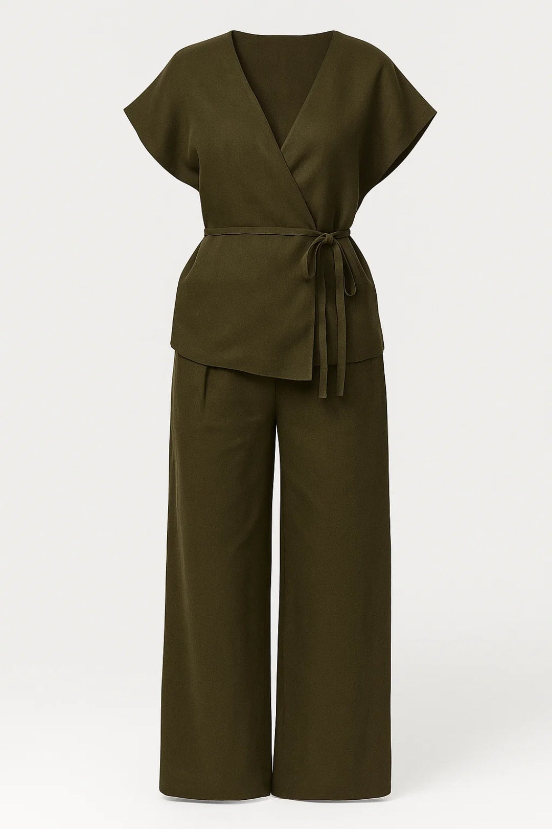 Camille | Olive Green Wrap Top Wide-Leg Trouser Co-Ord Set for Women