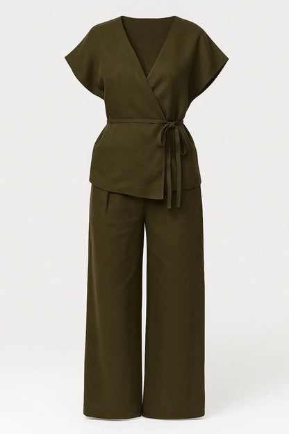 Camille | Olive Green Wrap Top Wide-Leg Trouser Co-Ord Set for Women