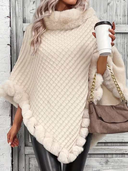 Tallulah | Knit Poncho Cream Acrylic Faux Fur Trim Cowl Neck for Women
