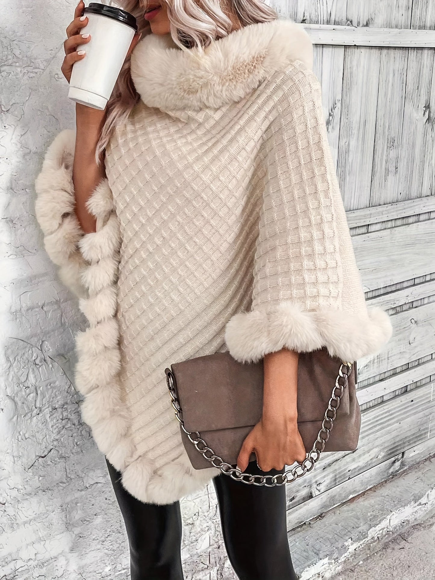 Tallulah | Knit Poncho Cream Acrylic Faux Fur Trim Cowl Neck for Women