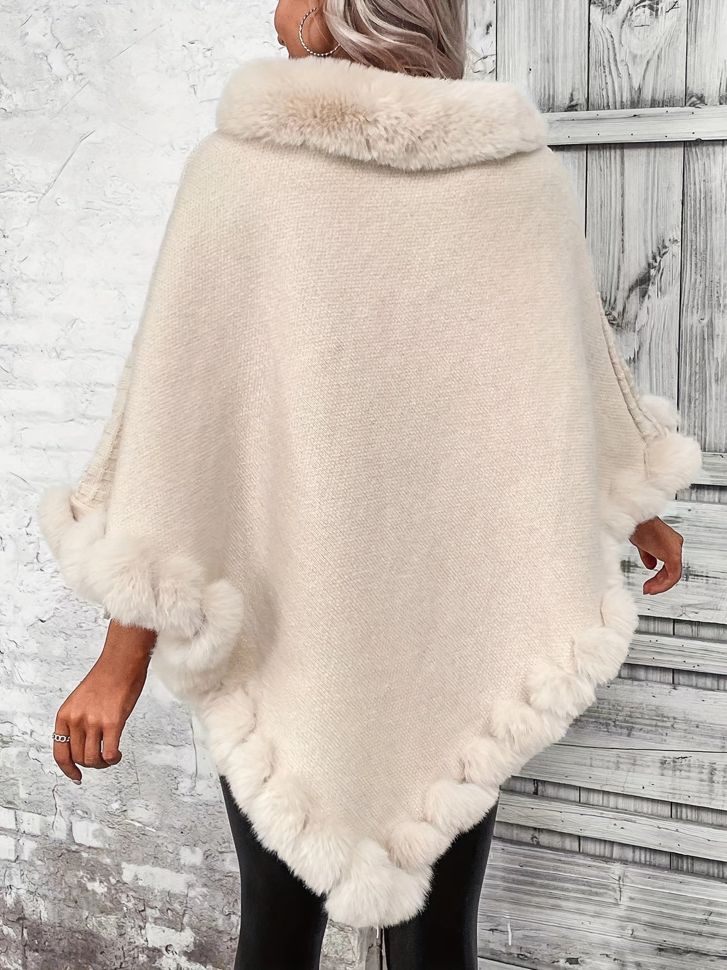 Tallulah | Knit Poncho Cream Acrylic Faux Fur Trim Cowl Neck for Women