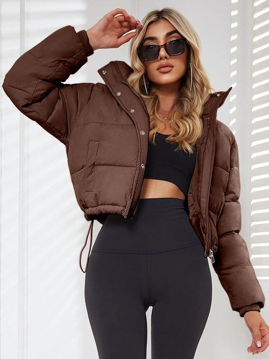 Imogen | Cropped Puffer Jacket Brown Nylon Stand Collar for Women