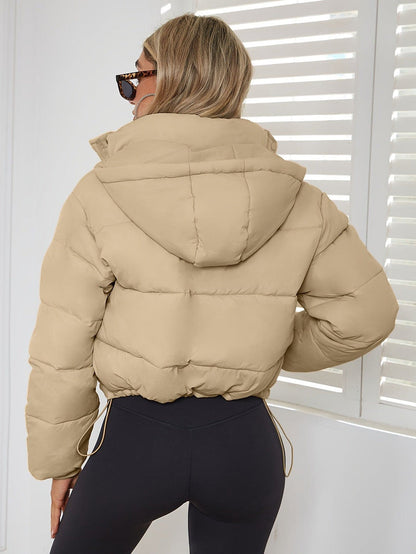 Imogen | Cropped Puffer Jacket Brown Nylon Stand Collar for Women