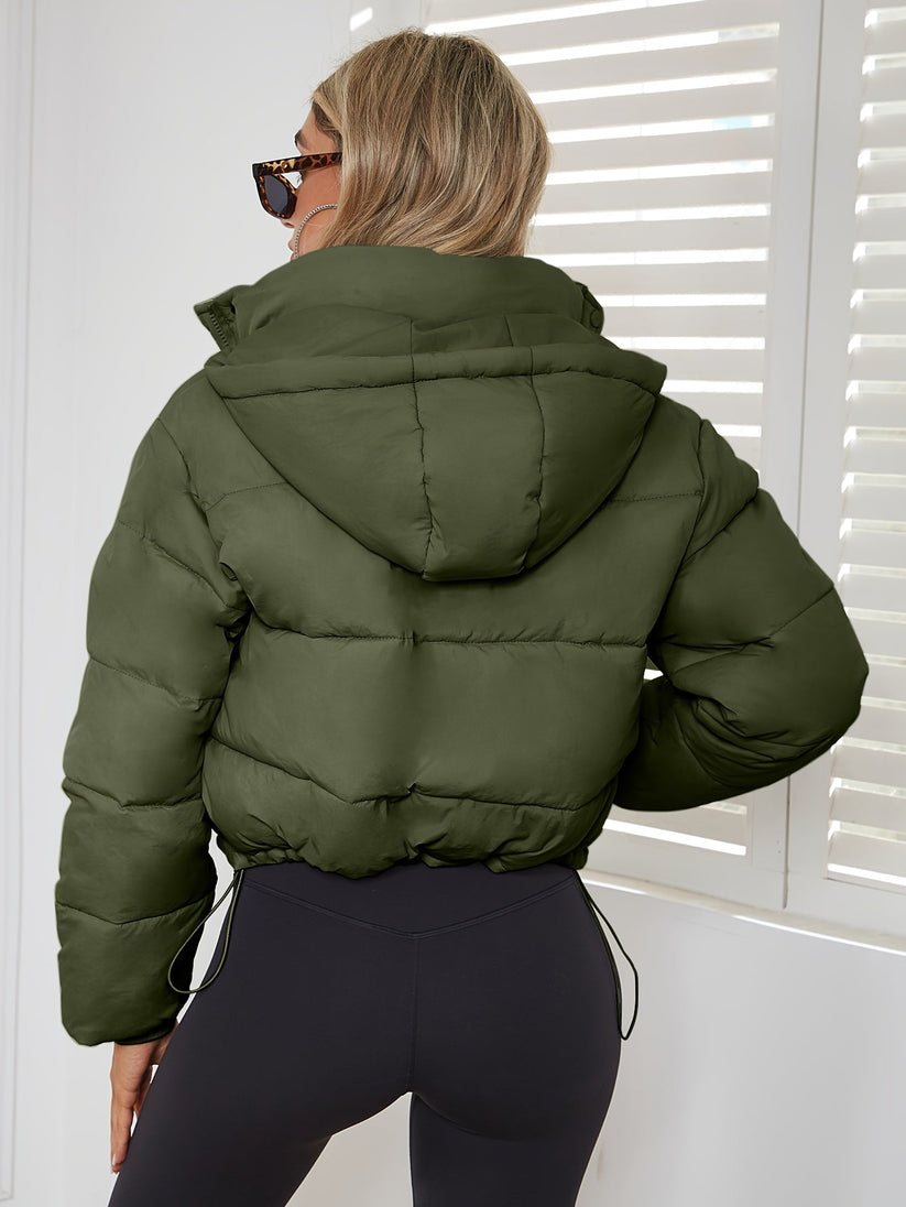 Imogen | Cropped Puffer Jacket Brown Nylon Stand Collar for Women