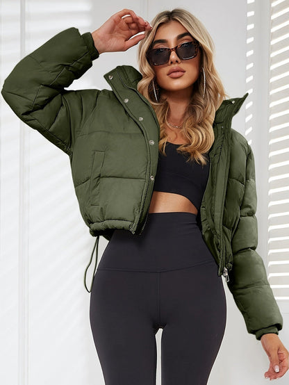 Imogen | Cropped Puffer Jacket Brown Nylon Stand Collar for Women