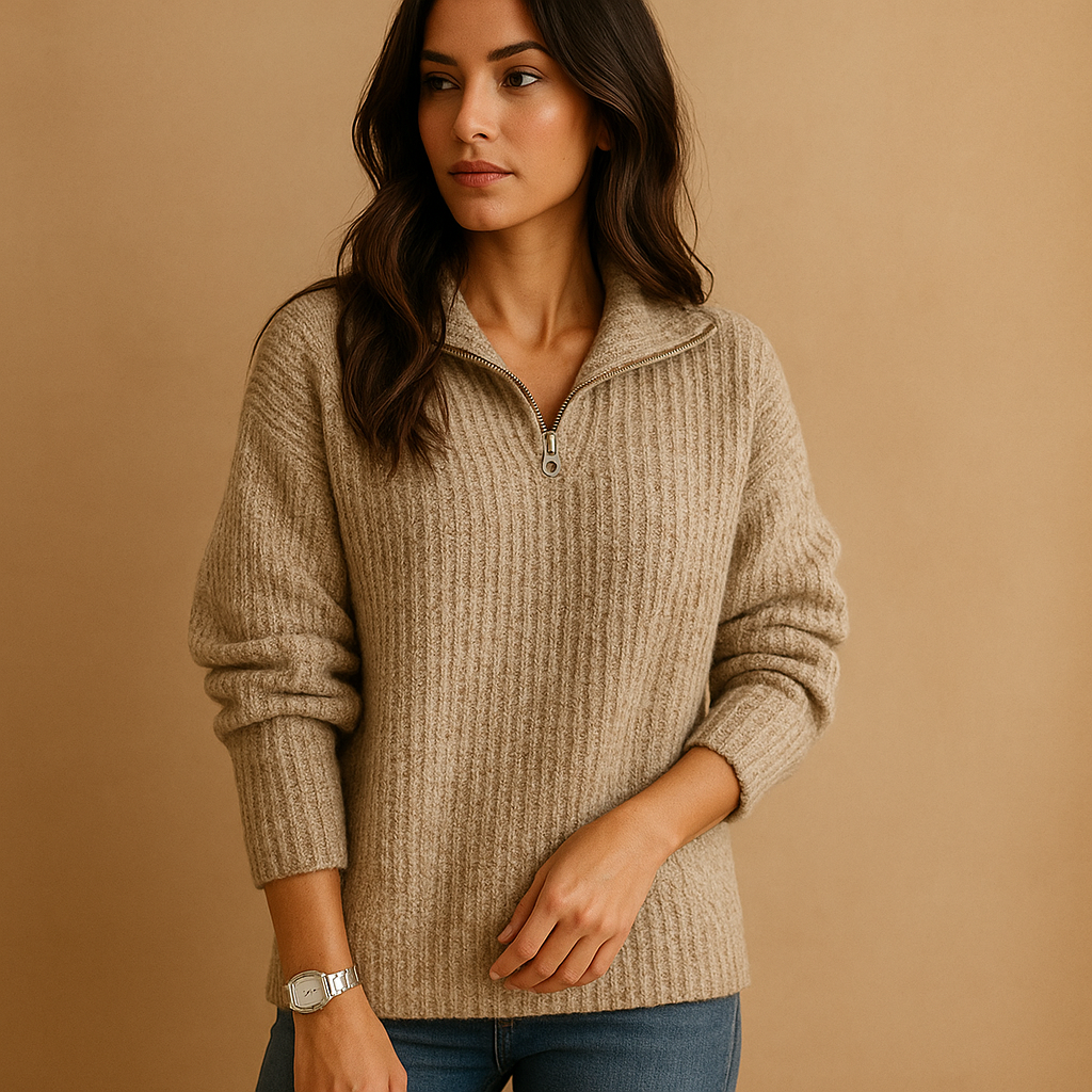 Dorothea | Half-Zip Sweater Light Grey Wool Blend Ribbed Knit for Women