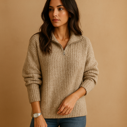 Dorothea | Half-Zip Sweater Light Grey Wool Blend Ribbed Knit for Women