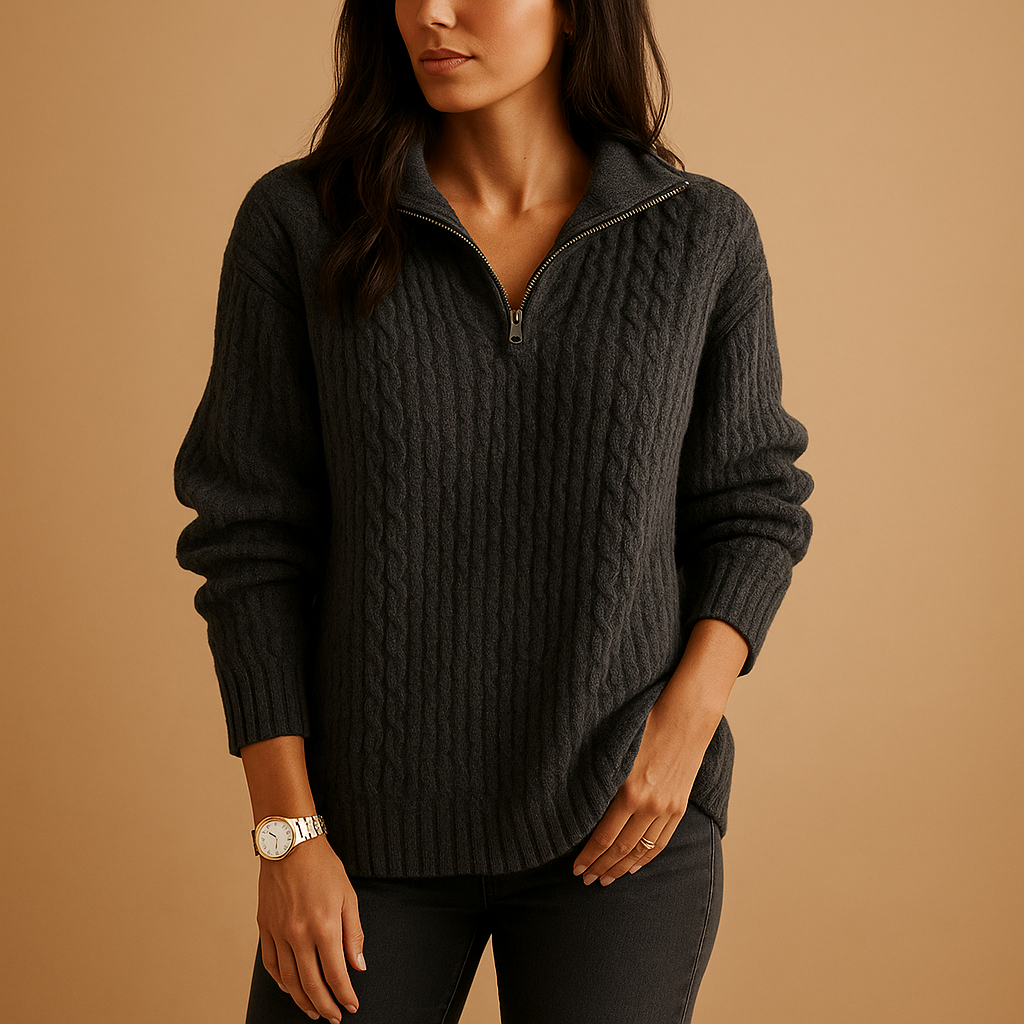 Dorothea | Half-Zip Sweater Light Grey Wool Blend Ribbed Knit for Women