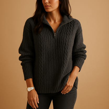Dorothea | Half-Zip Sweater Light Grey Wool Blend Ribbed Knit for Women