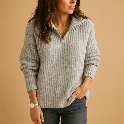 Dorothea | Half-Zip Sweater Light Grey Wool Blend Ribbed Knit for Women