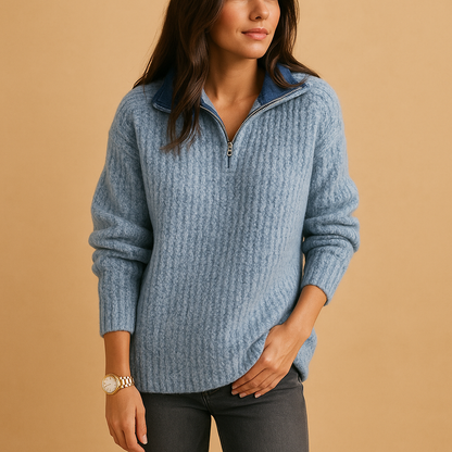 Dorothea | Half-Zip Sweater Light Grey Wool Blend Ribbed Knit for Women