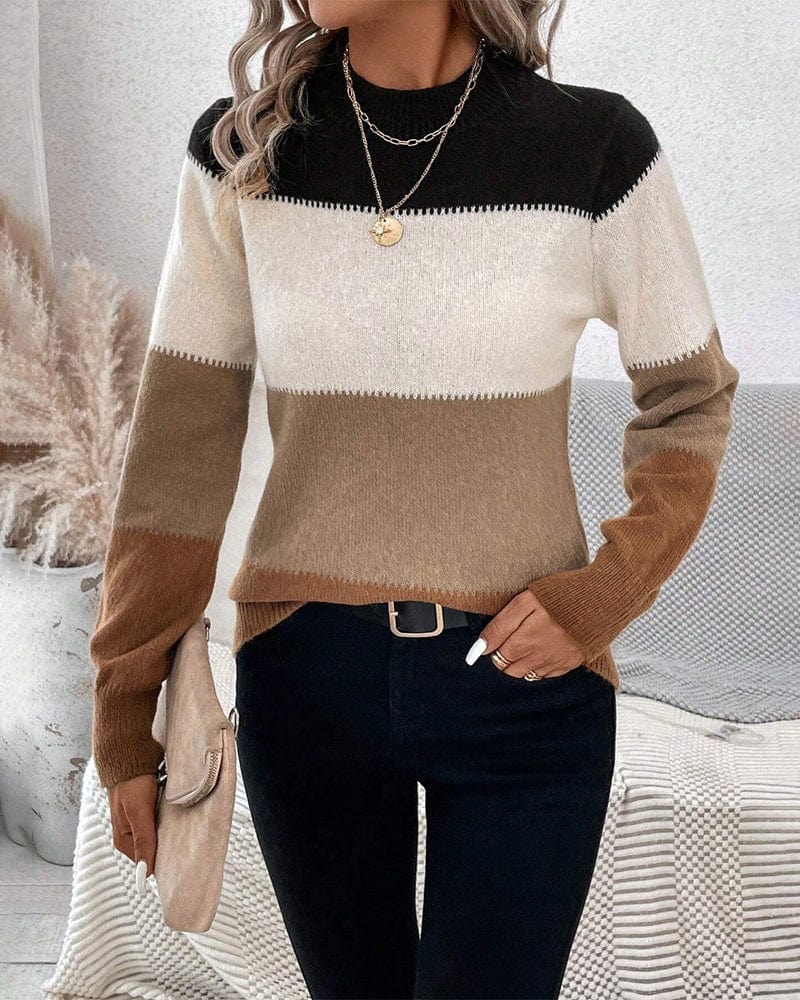 Isadora | Colour-Block Jumper Black Cream Camel Wool Blend Crew Neck for Women