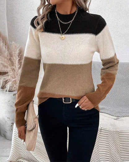 Isadora | Colour-Block Jumper Black Cream Camel Wool Blend Crew Neck for Women