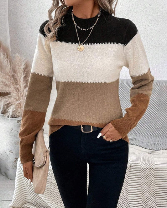 Isadora | Colour-Block Jumper Black Cream Camel Wool Blend Crew Neck for Women