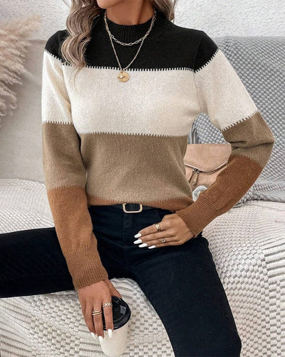 Isadora | Colour-Block Jumper Black Cream Camel Wool Blend Crew Neck for Women