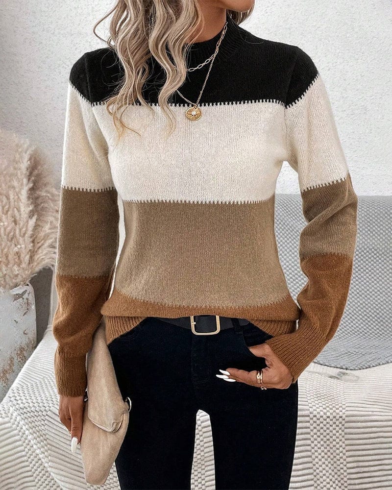Isadora | Colour-Block Jumper Black Cream Camel Wool Blend Crew Neck for Women
