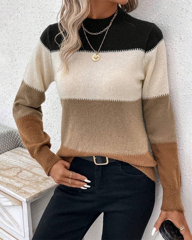 Isadora | Colour-Block Jumper Black Cream Camel Wool Blend Crew Neck for Women