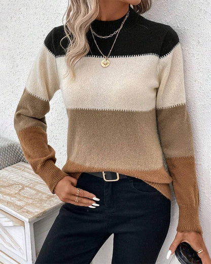 Isadora | Colour-Block Jumper Black Cream Camel Wool Blend Crew Neck for Women