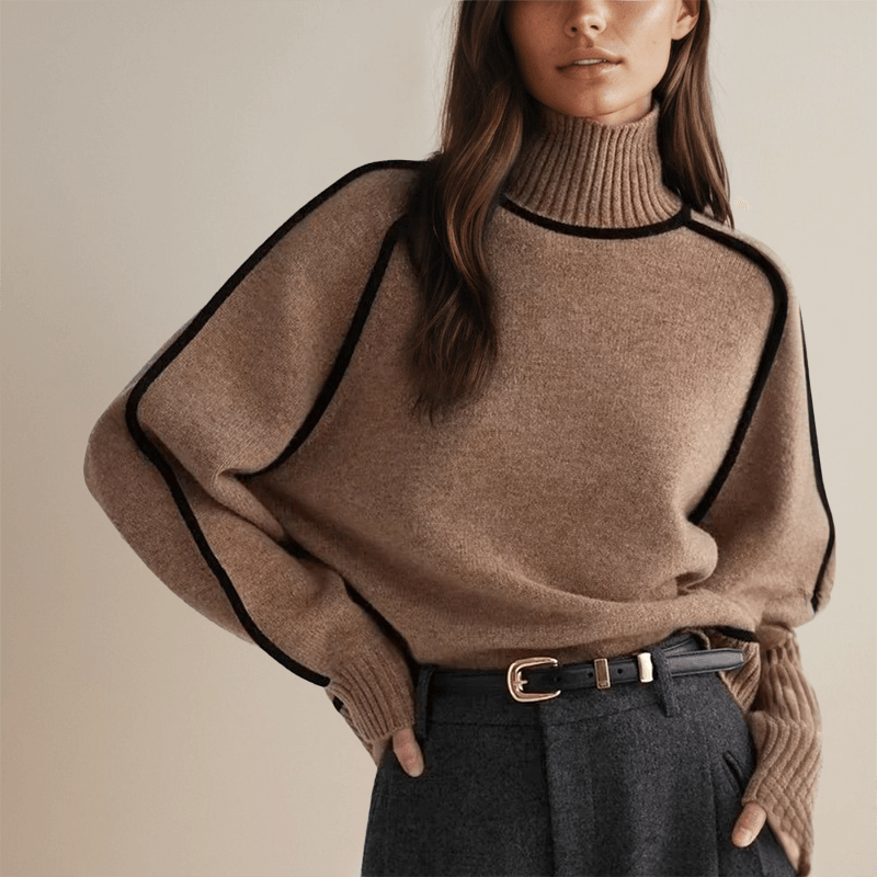 Ottilie | Oversized Turtleneck Jumper Camel Wool-Blend Contrast Trim for Women