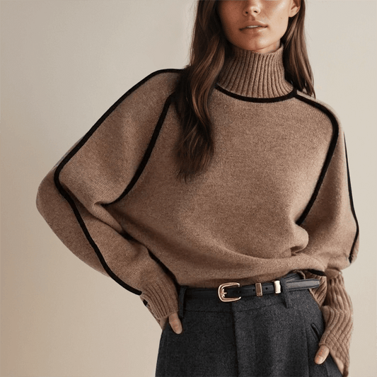 Ottilie | Oversized Turtleneck Jumper Camel Wool-Blend Contrast Trim for Women