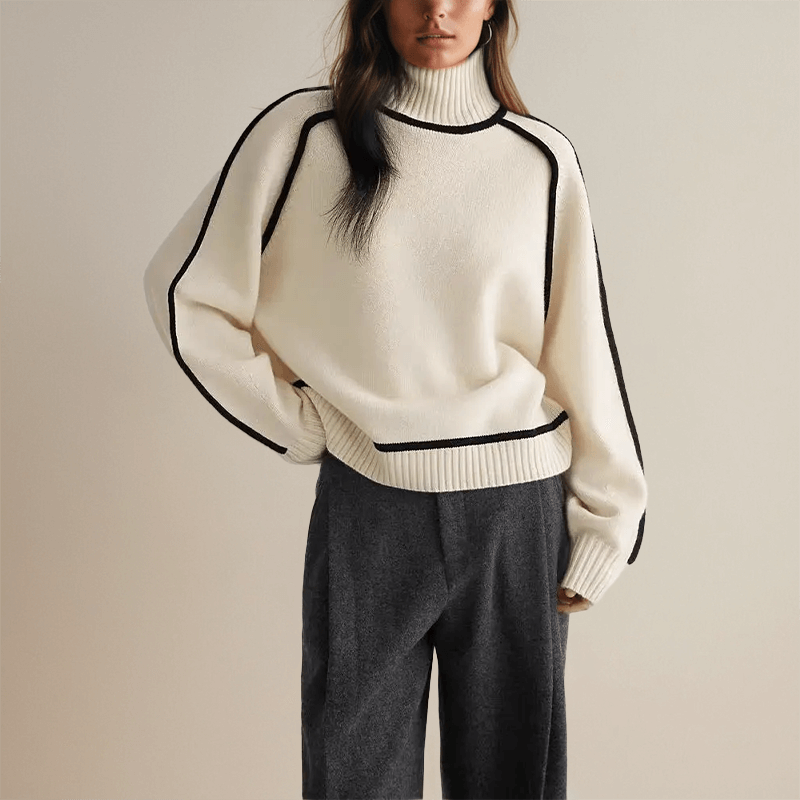Ottilie | Oversized Turtleneck Jumper Camel Wool-Blend Contrast Trim for Women